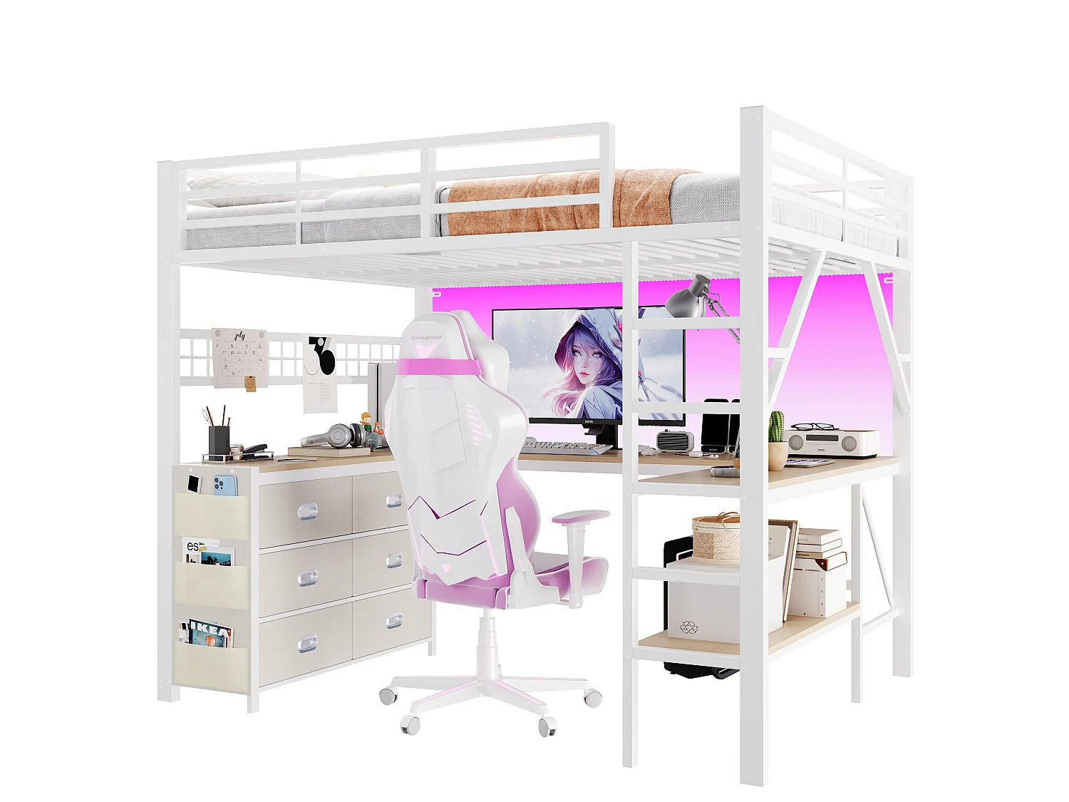 Lit mezzanine en métal 140x 200 cm - avec 6 tiroirs, bureau et étagères - Port USB et éclairage LED - Blanc (matelas non inclus)