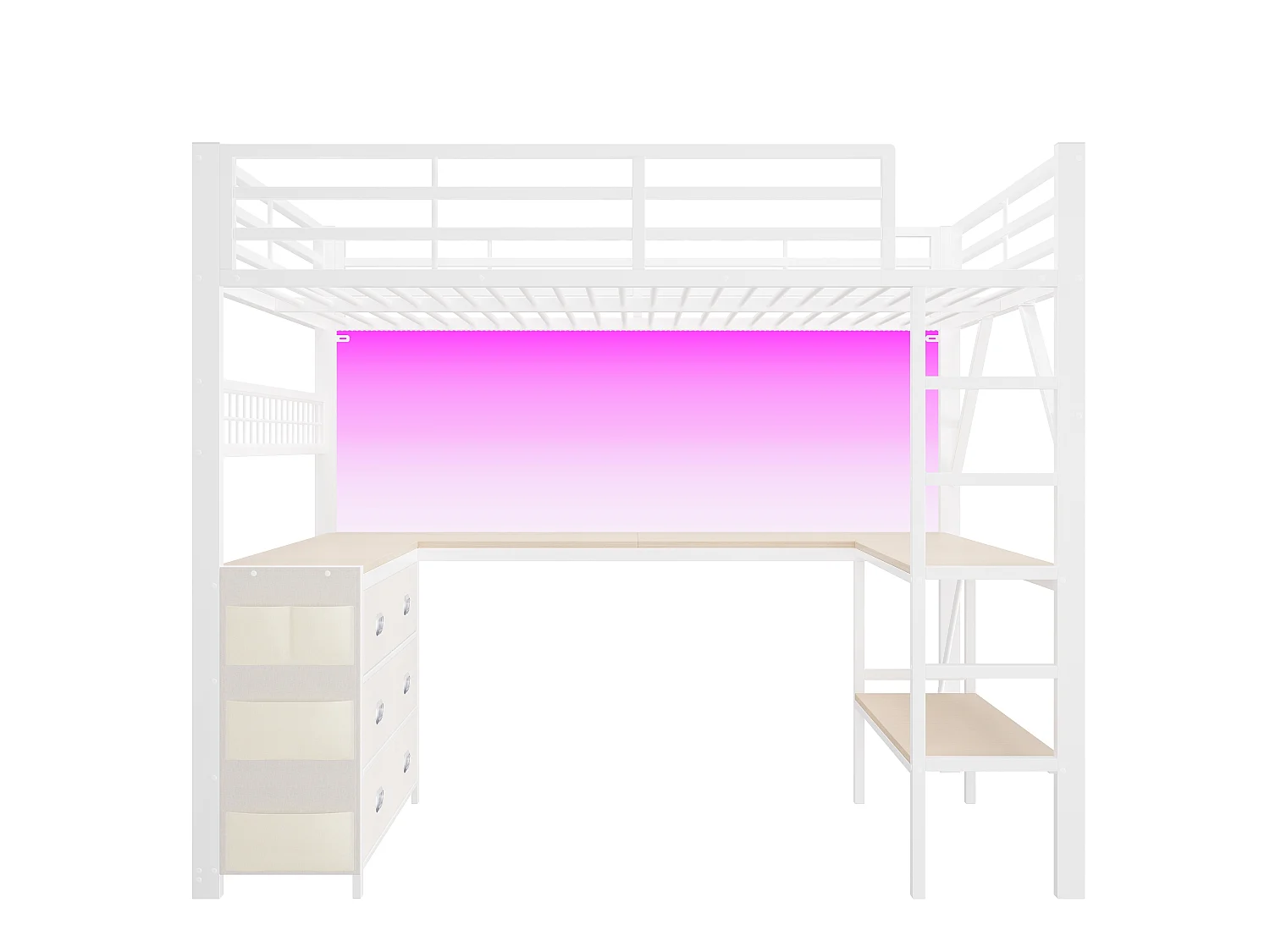 Lit mezzanine en métal 140x 200 cm - avec 6 tiroirs, bureau et étagères - Port USB et éclairage LED - Blanc (matelas non inclus)