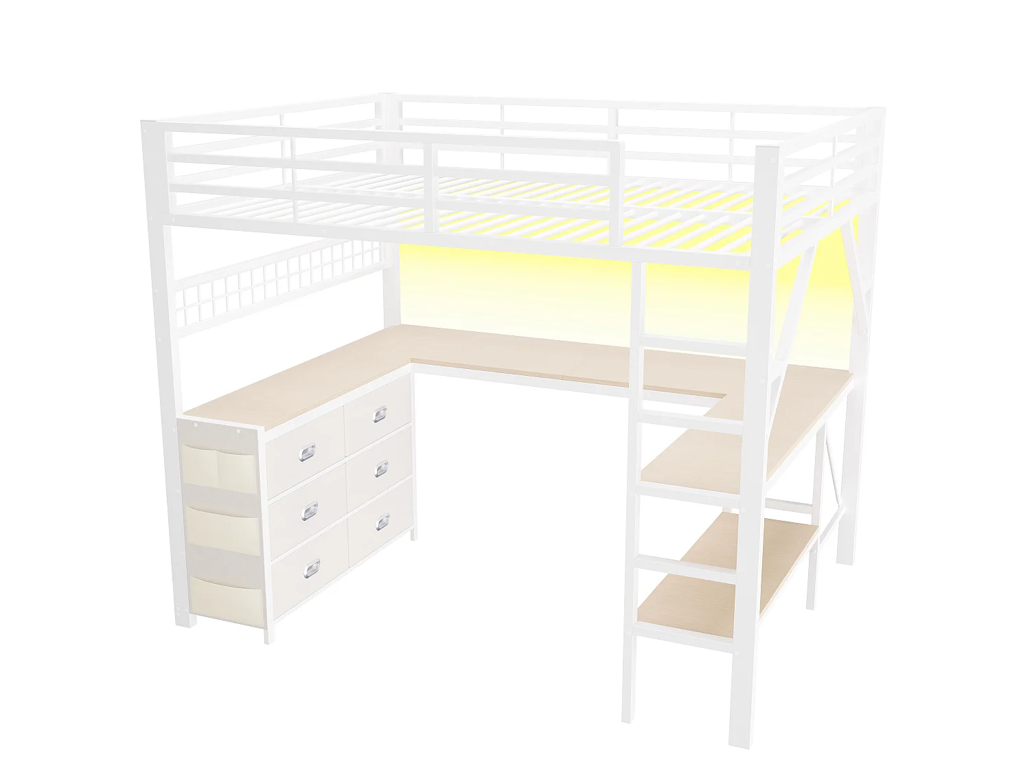 Lit mezzanine en métal 140x 200 cm - avec 6 tiroirs, bureau et étagères - Port USB et éclairage LED - Blanc (matelas non inclus)