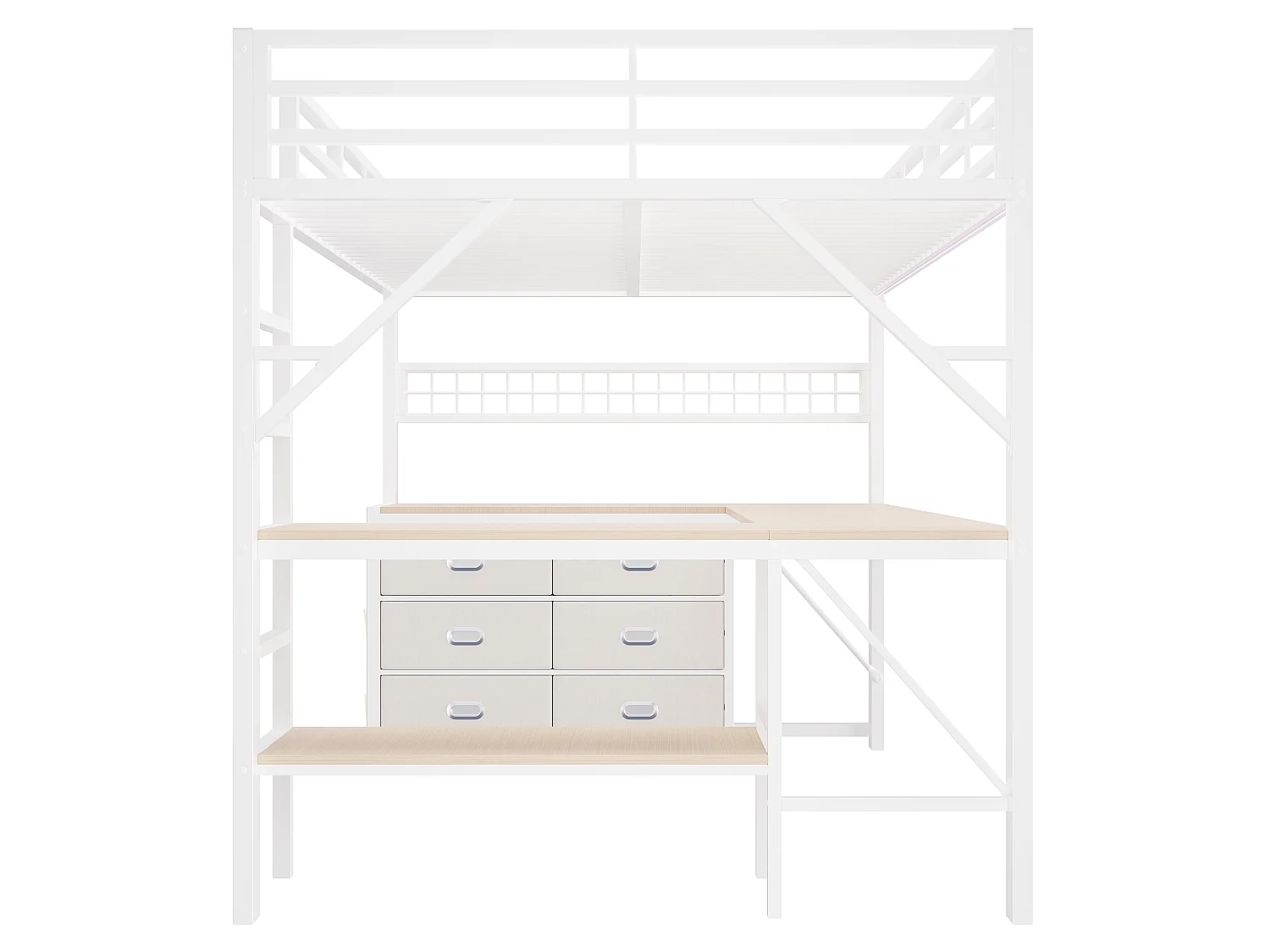 Lit mezzanine en métal 140x 200 cm - avec 6 tiroirs, bureau et étagères - Port USB et éclairage LED - Blanc (matelas non inclus)