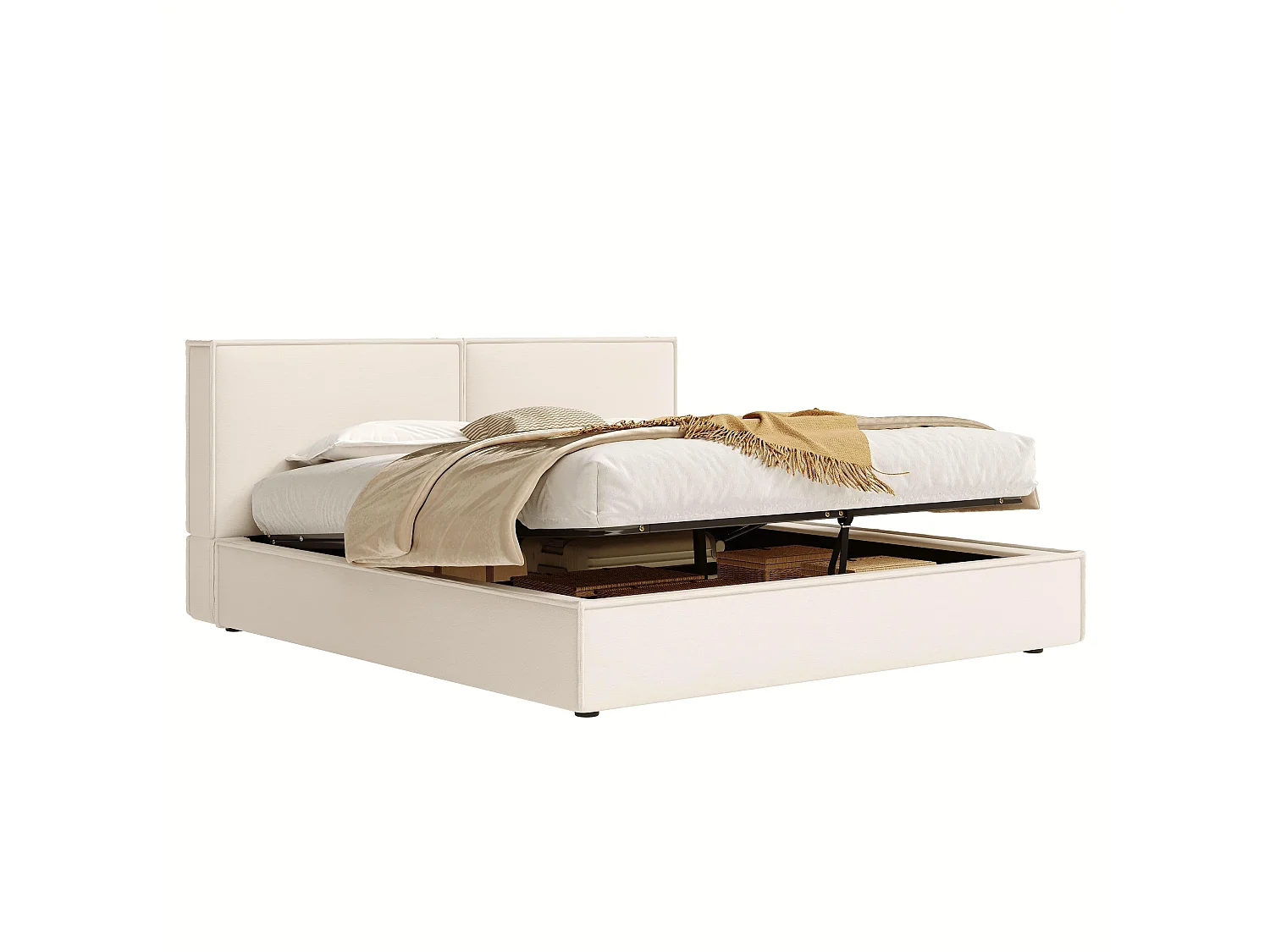 Letto contenitore imbottito 180 x 200 cm - con testiera imbottita - con rete a doghe - lino - beige (materasso non incluso)