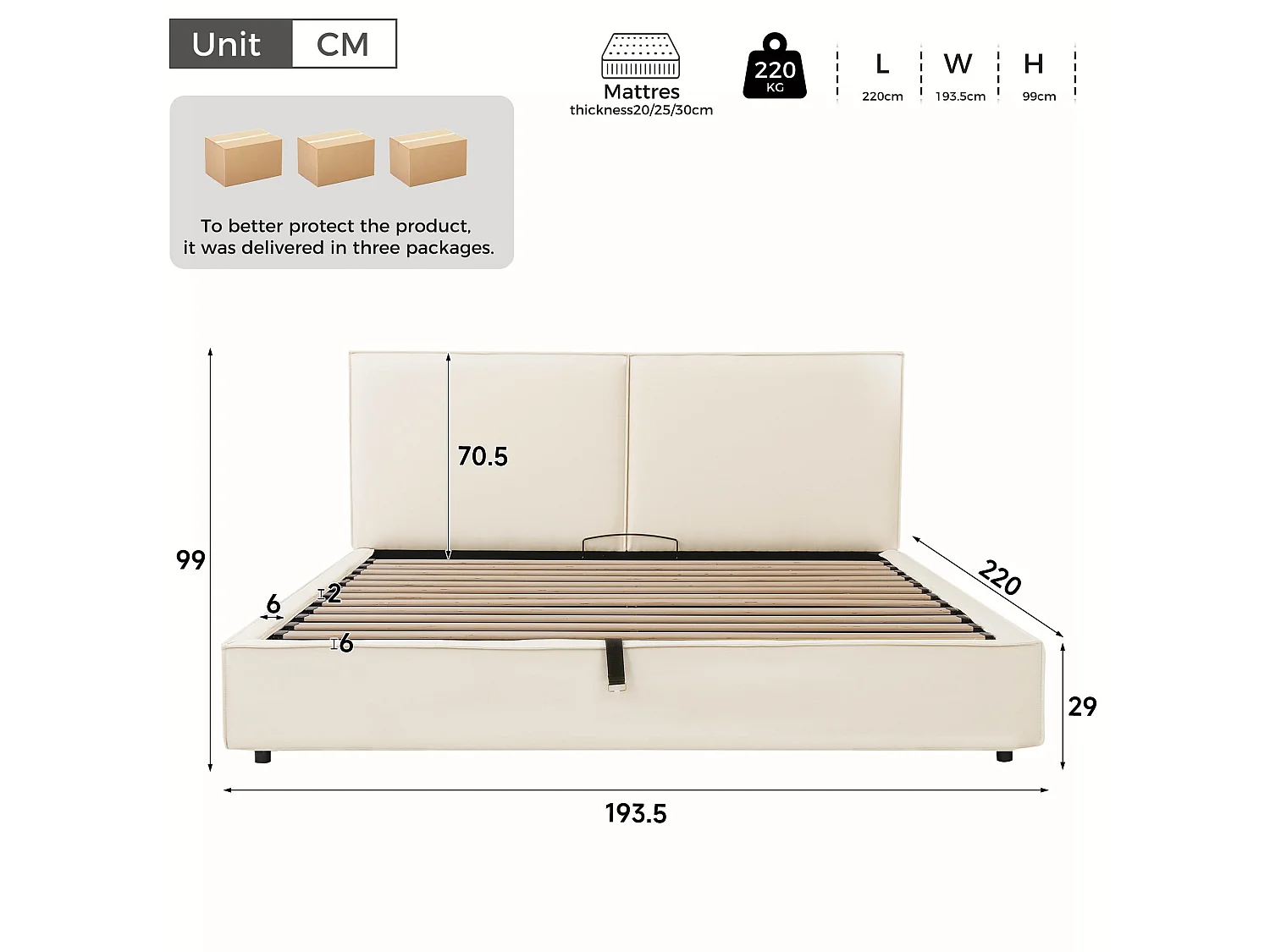 Letto contenitore imbottito 180 x 200 cm - con testiera imbottita - con rete a doghe - lino - beige (materasso non incluso)