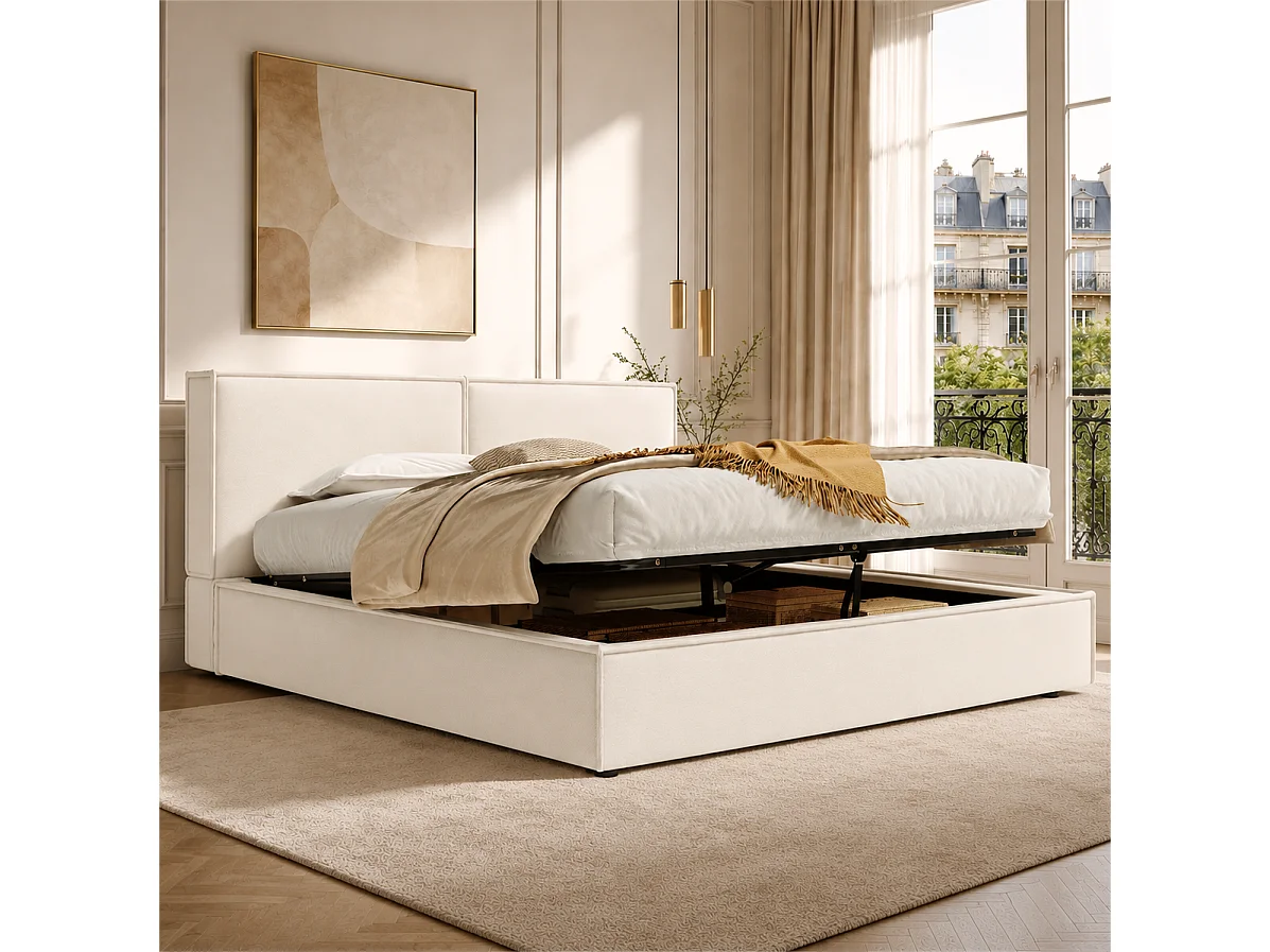 Letto contenitore imbottito 180 x 200 cm - con testiera imbottita - con rete a doghe - lino - beige (materasso non incluso)