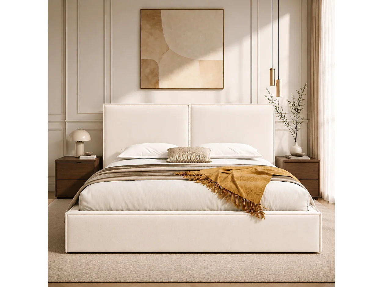 Letto contenitore imbottito 180 x 200 cm - con testiera imbottita - con rete a doghe - lino - beige (materasso non incluso)