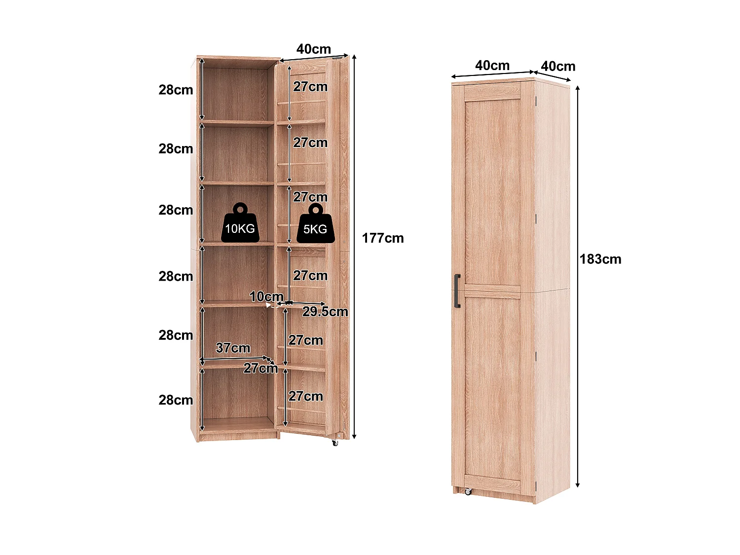 Køkkenbuffet 40x40x183cm - med 1 dør - justerbare hylder - med krydderihylde - Natur