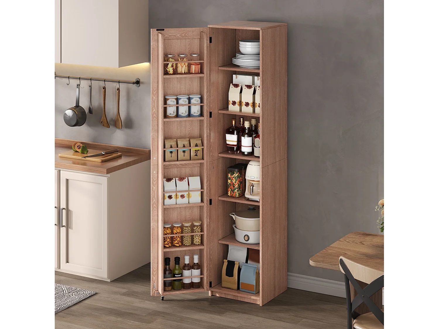 Køkkenbuffet 40x40x183cm - med 1 dør - justerbare hylder - med krydderihylde - Natur