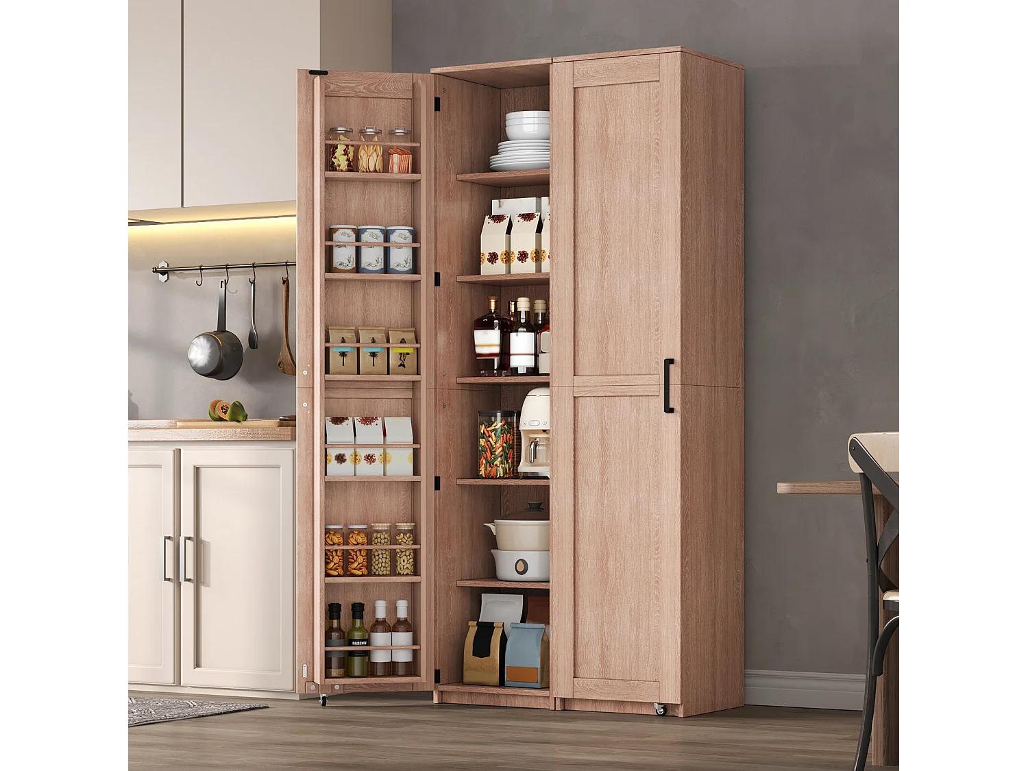 Køkkenbuffet 40x40x183cm - med 1 dør - justerbare hylder - med krydderihylde - Natur