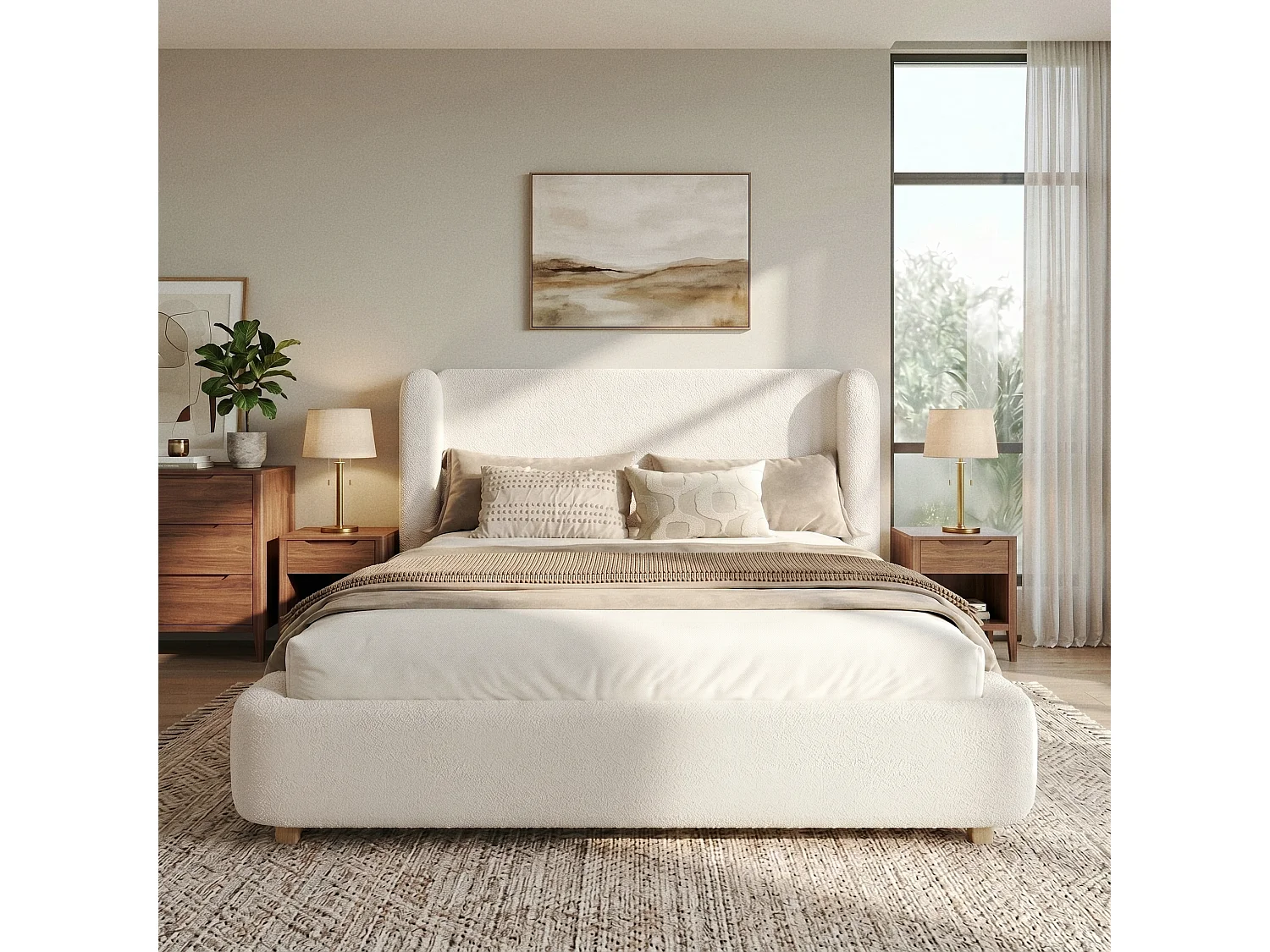 Dobbelt seng polstret 180x200 cm - med lamelbund og polstret sengegavl - bouclé-stof - Beige (madras ikke inkluderet)