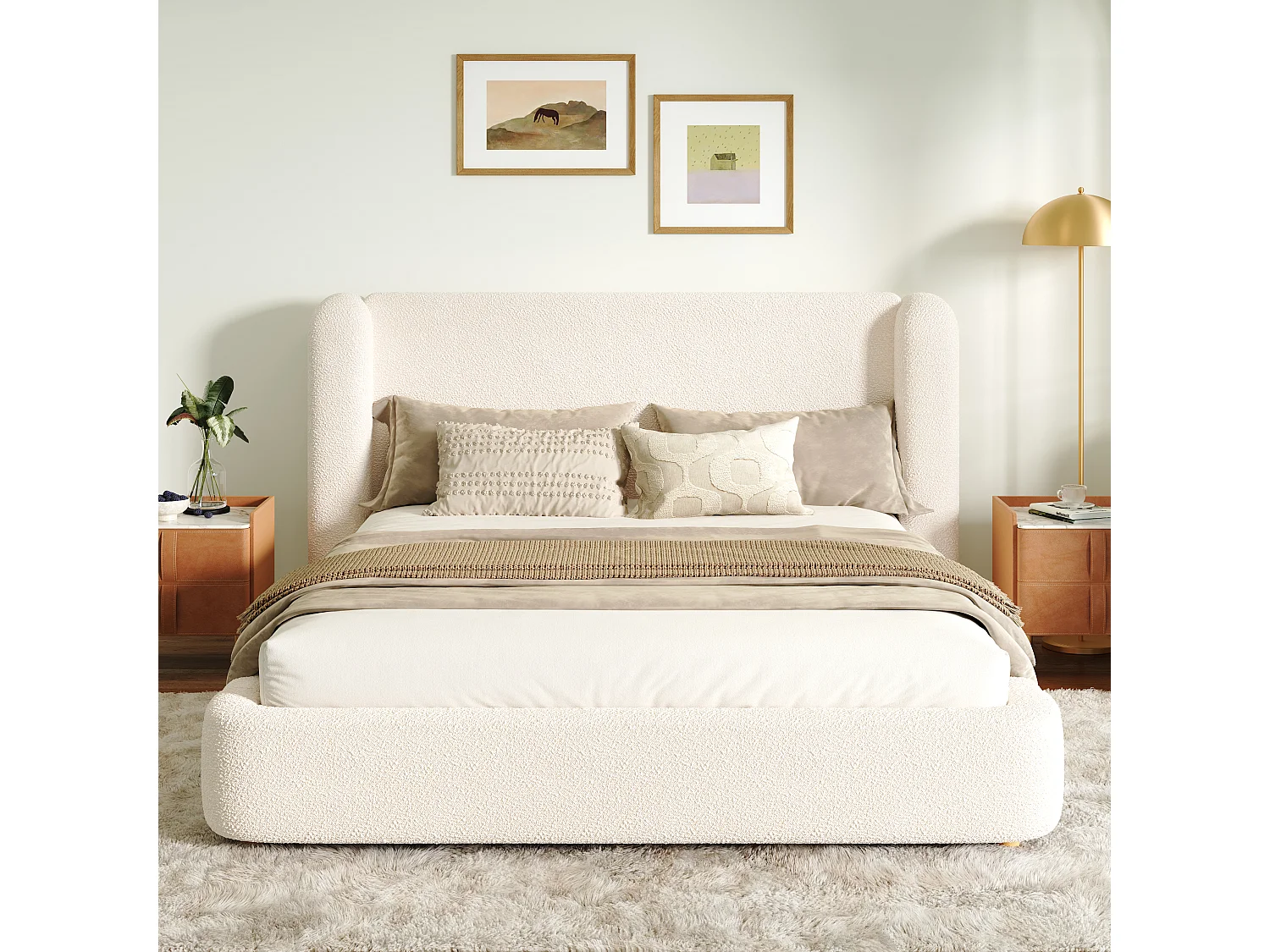 Dobbelt seng polstret 180x200 cm - med lamelbund og polstret sengegavl - bouclé-stof - Beige (madras ikke inkluderet)