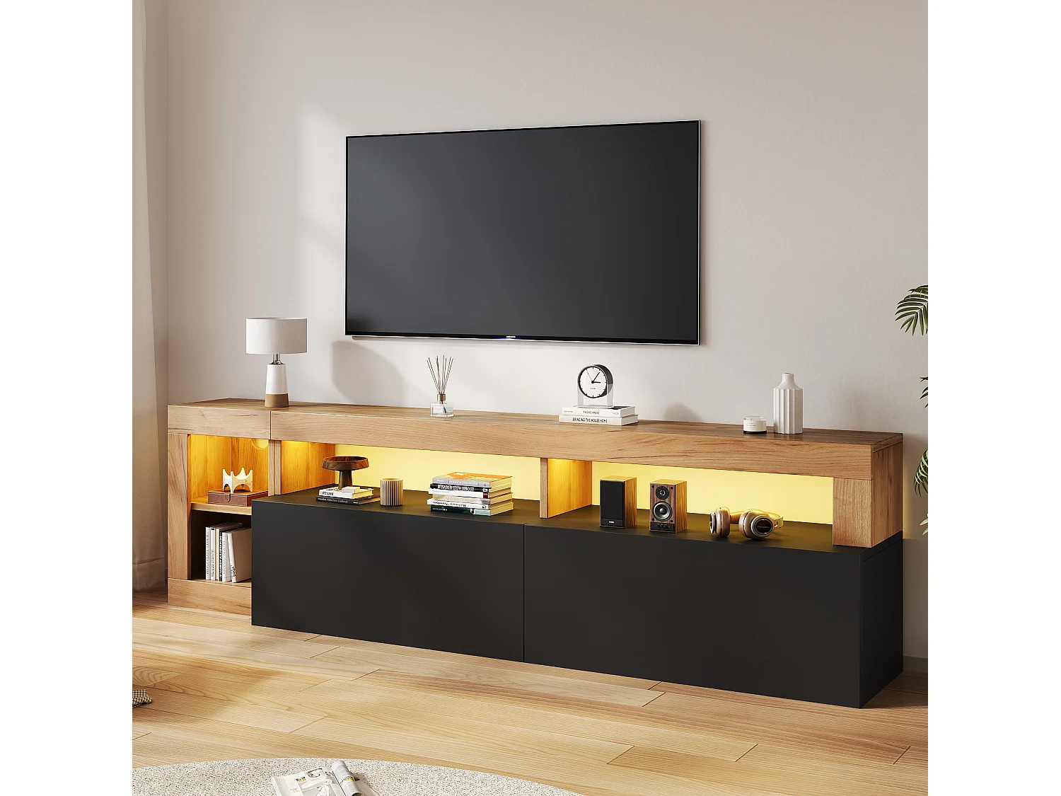 TV-Möbel mit LED-Beleuchtung (per App steuerbar), 2 Klapptüren und Kabelmanagement – Spanplatte – 184 x 42 x 58 cm – Schwarz + Holz