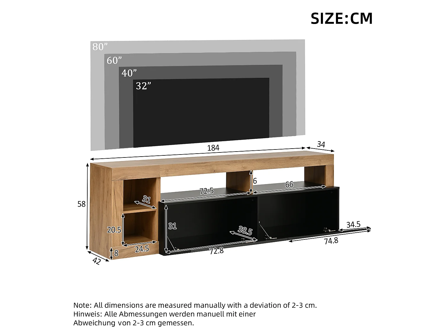 TV-Möbel mit LED-Beleuchtung (per App steuerbar), 2 Klapptüren und Kabelmanagement – Spanplatte – 184 x 42 x 58 cm – Schwarz + Holz