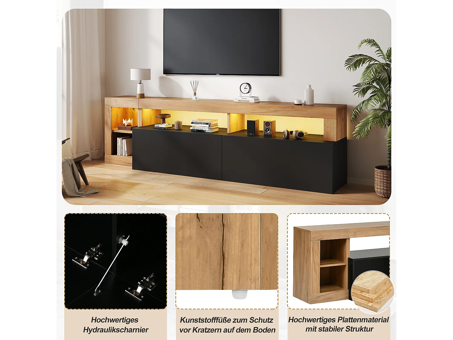 TV-Möbel mit LED-Beleuchtung (per App steuerbar), 2 Klapptüren und Kabelmanagement – Spanplatte – 184 x 42 x 58 cm – Schwarz + Holz