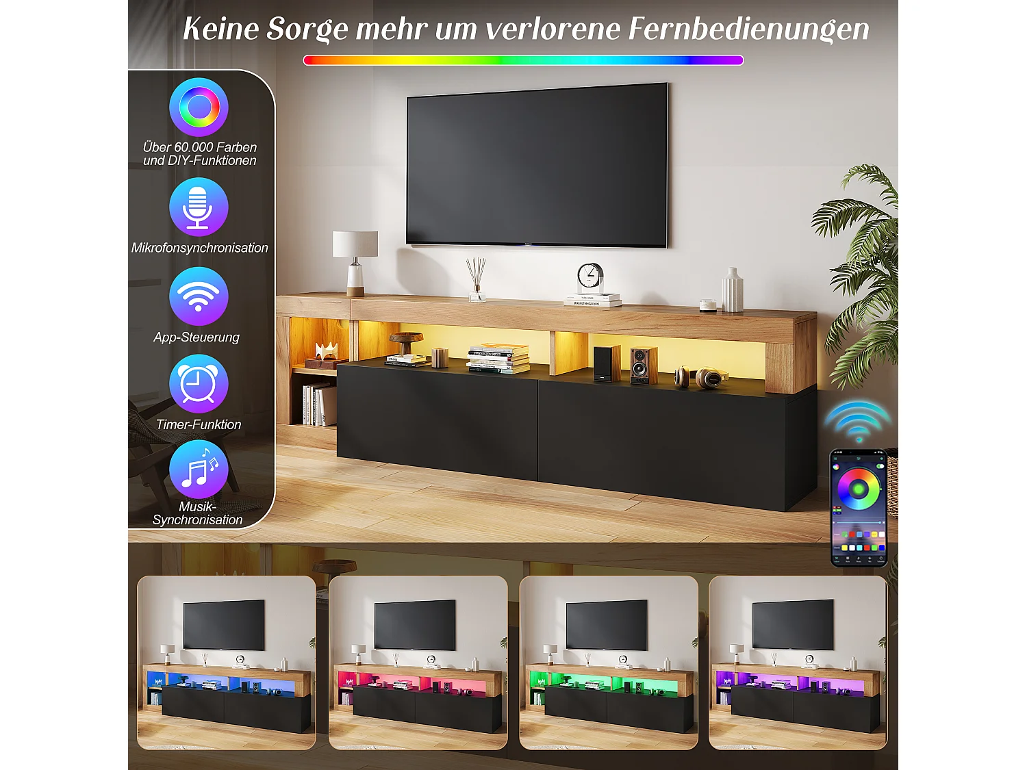 TV-Möbel mit LED-Beleuchtung (per App steuerbar), 2 Klapptüren und Kabelmanagement – Spanplatte – 184 x 42 x 58 cm – Schwarz + Holz