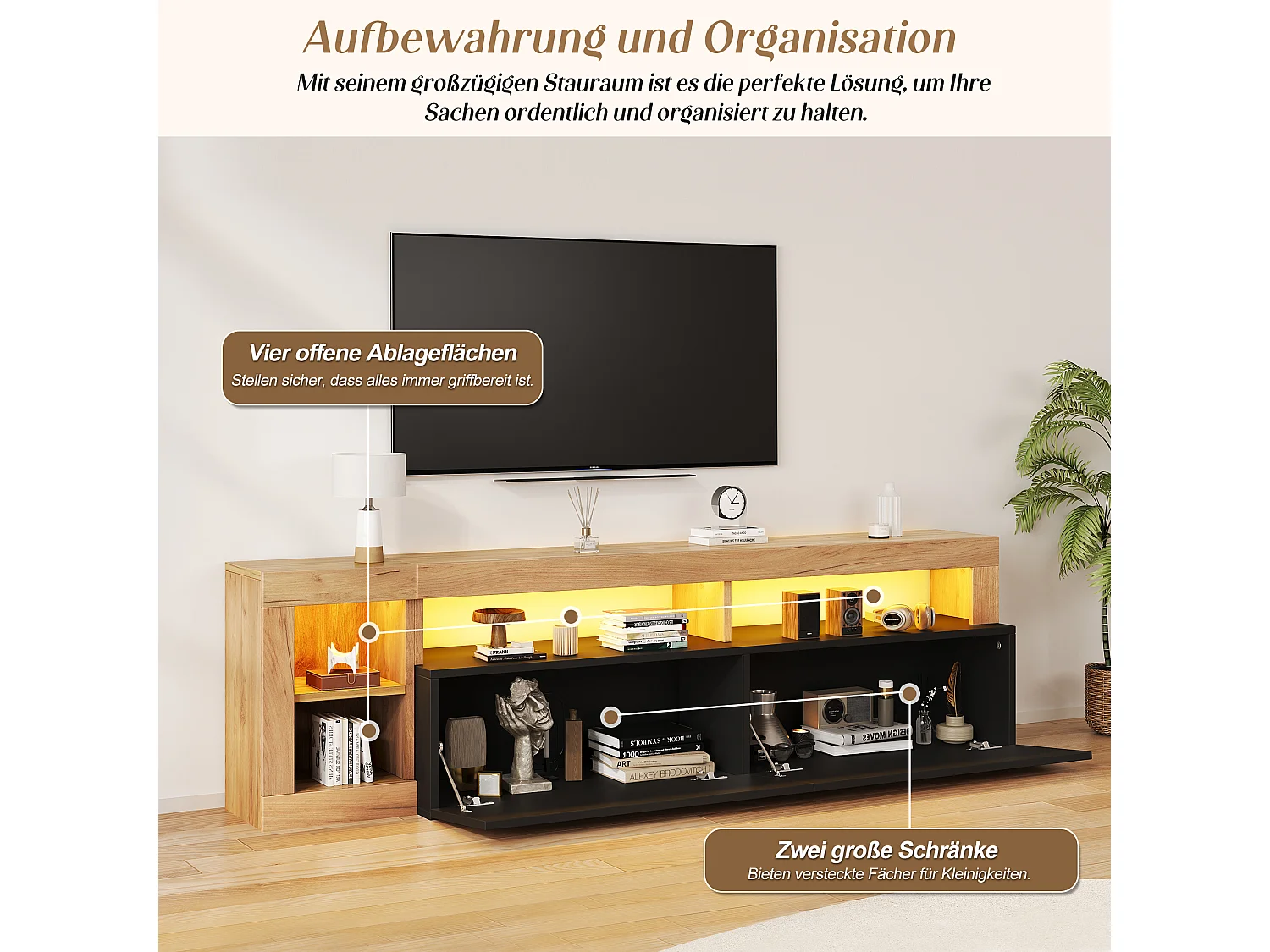 TV-Möbel mit LED-Beleuchtung (per App steuerbar), 2 Klapptüren und Kabelmanagement – Spanplatte – 184 x 42 x 58 cm – Schwarz + Holz