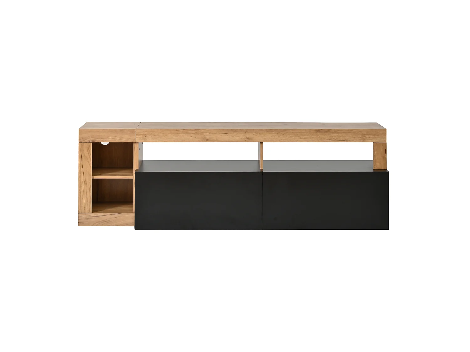 TV-Möbel mit LED-Beleuchtung (per App steuerbar), 2 Klapptüren und Kabelmanagement – Spanplatte – 184 x 42 x 58 cm – Schwarz + Holz