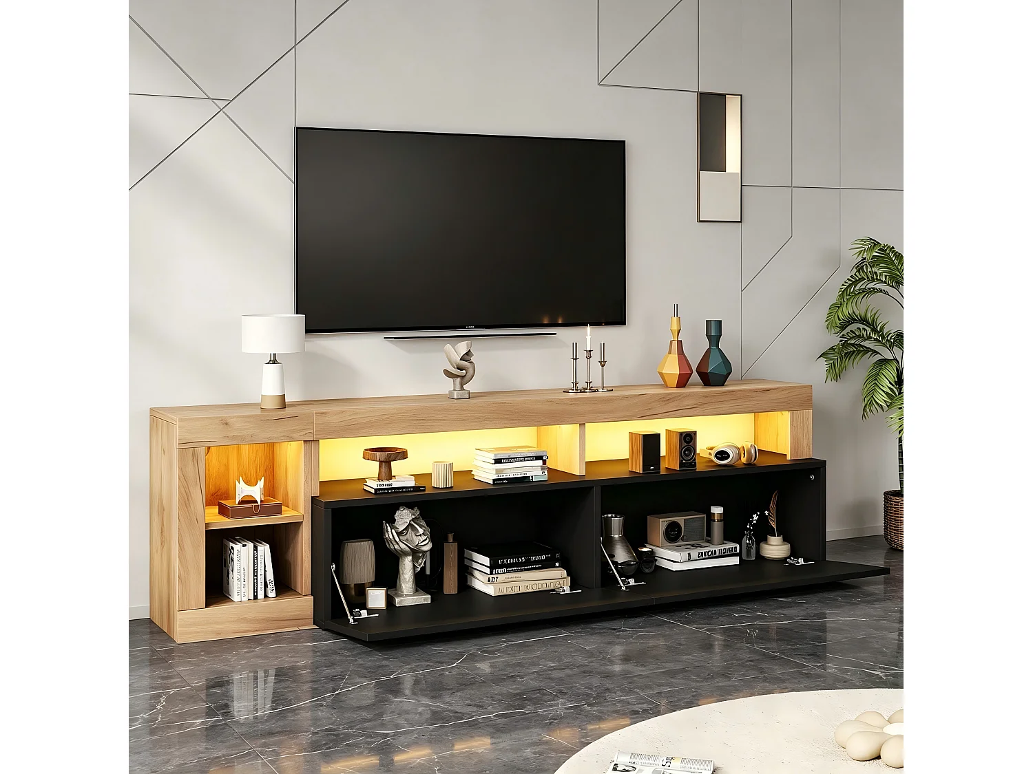 TV-Möbel mit LED-Beleuchtung (per App steuerbar), 2 Klapptüren und Kabelmanagement – Spanplatte – 184 x 42 x 58 cm – Schwarz + Holz