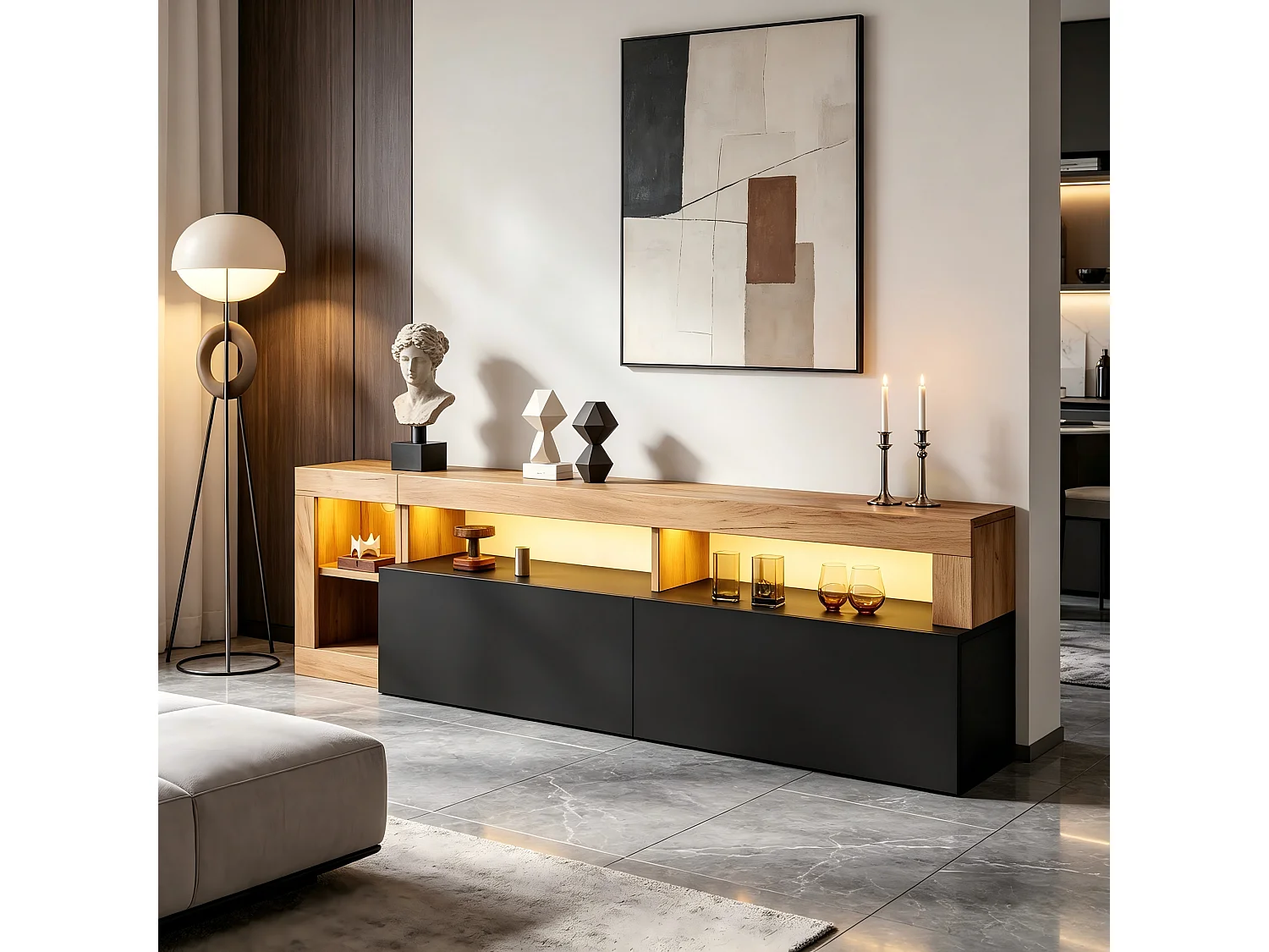 TV-Möbel mit LED-Beleuchtung (per App steuerbar), 2 Klapptüren und Kabelmanagement – Spanplatte – 184 x 42 x 58 cm – Schwarz + Holz