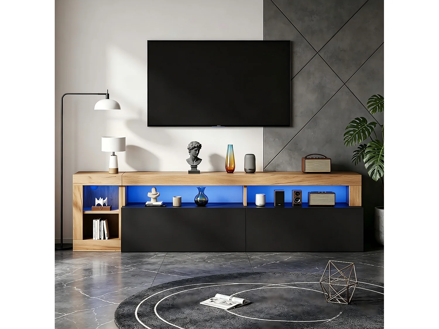 TV-Möbel mit LED-Beleuchtung (per App steuerbar), 2 Klapptüren und Kabelmanagement – Spanplatte – 184 x 42 x 58 cm – Schwarz + Holz