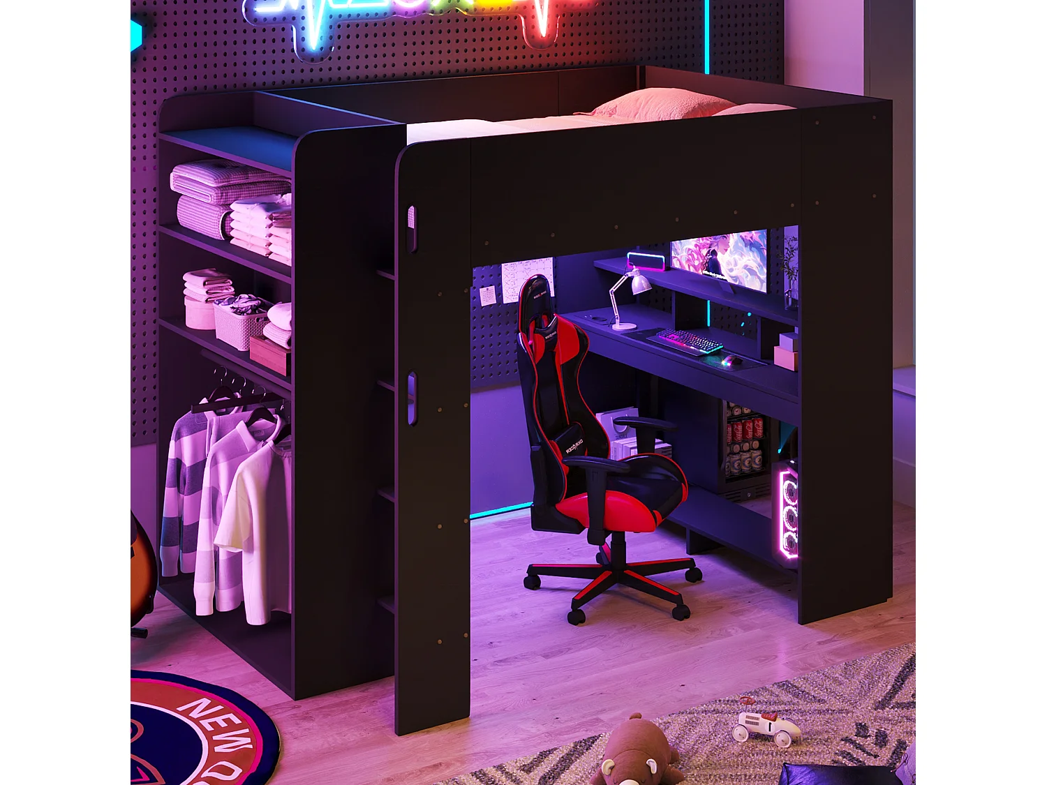 Lit mezzanine en bois 140x200 cm - Avec bureau, armoire et étagères - LED et port de chargement USB - Noir (sans matelas)