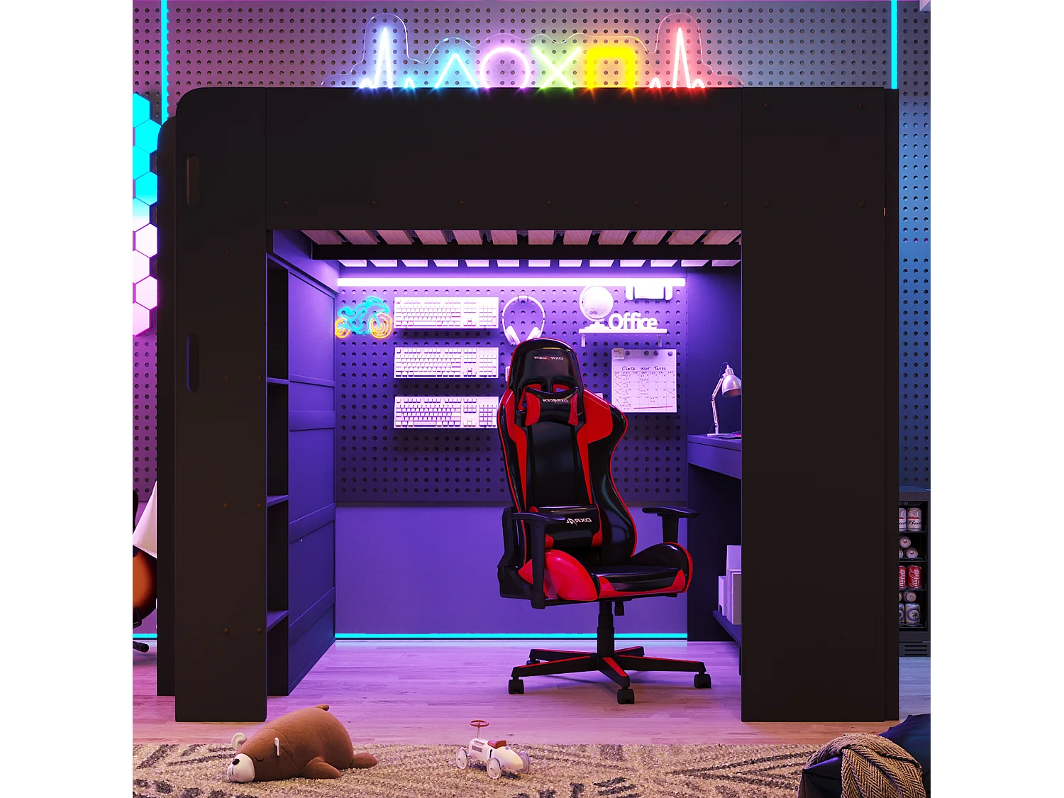 Lit mezzanine en bois 140x200 cm - Avec bureau, armoire et étagères - LED et port de chargement USB - Noir (sans matelas)