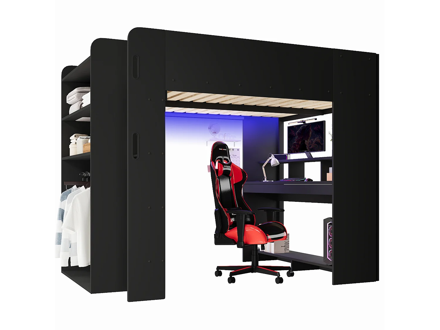 Lit mezzanine en bois 140x200 cm - Avec bureau, armoire et étagères - LED et port de chargement USB - Noir (sans matelas)
