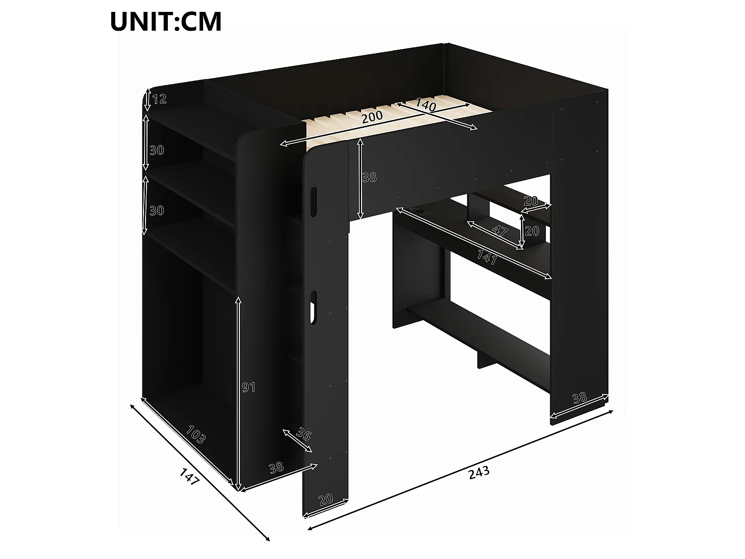 Lit mezzanine en bois 140x200 cm - Avec bureau, armoire et étagères - LED et port de chargement USB - Noir (sans matelas)