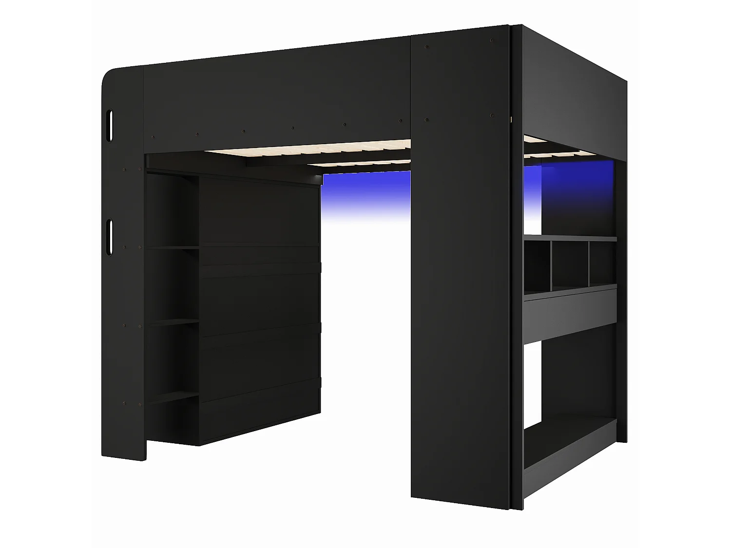 Lit mezzanine en bois 140x200 cm - Avec bureau, armoire et étagères - LED et port de chargement USB - Noir (sans matelas)