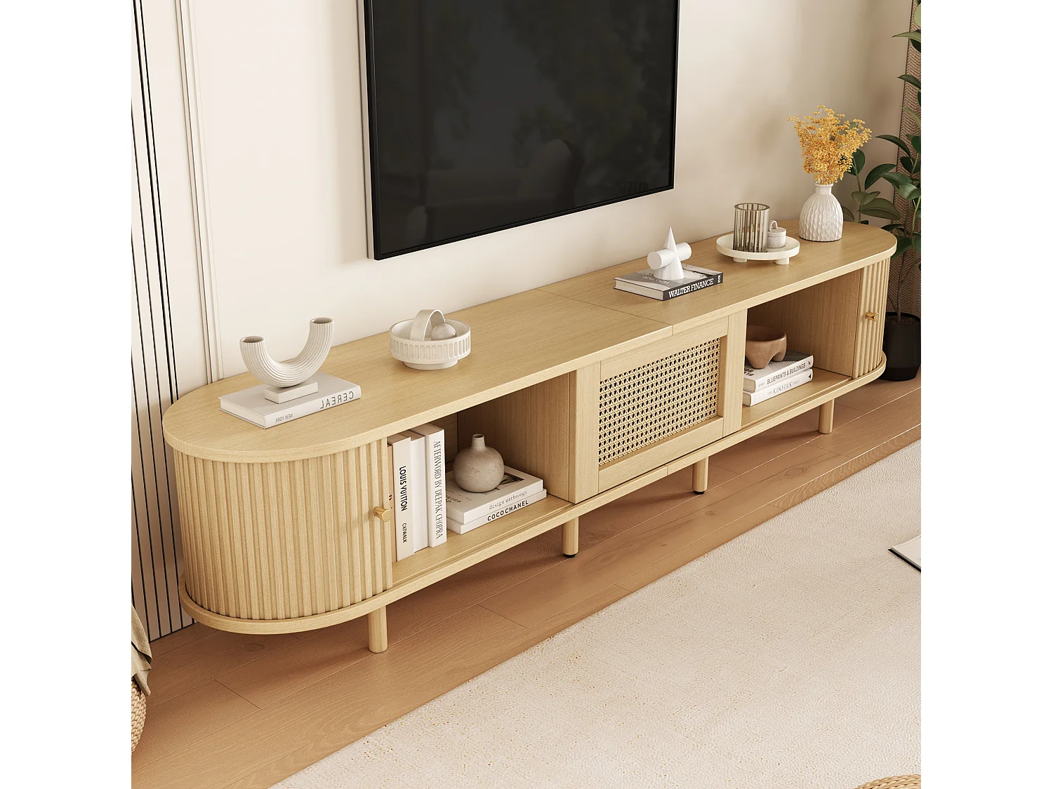 TV-Ständer mit 2 Schiebetüren, 1 Schublade in Rattanoptik und verstellbaren Füßen – MDF – 180 x 40 x 40 cm – Hellholz