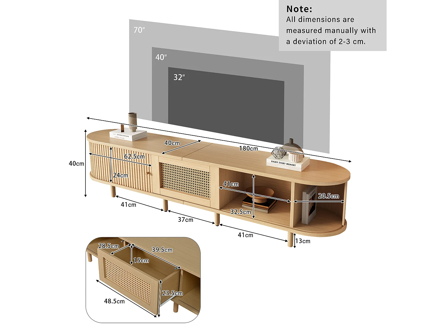 TV-Ständer mit 2 Schiebetüren, 1 Schublade in Rattanoptik und verstellbaren Füßen – MDF – 180 x 40 x 40 cm – Hellholz