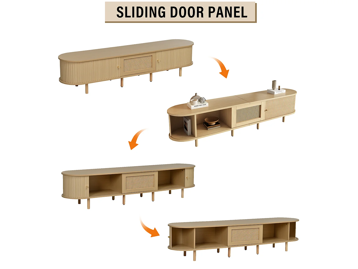 TV-Ständer mit 2 Schiebetüren, 1 Schublade in Rattanoptik und verstellbaren Füßen – MDF – 180 x 40 x 40 cm – Hellholz