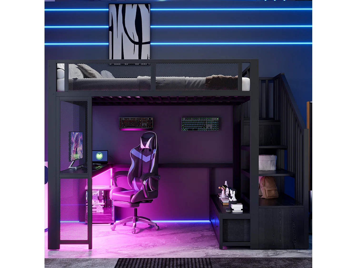 Cama mezzanine de metal 140x200 cm - Escritorio y 3 cajones - Escalera de almacenaje y armario abierto - Puerto USB y LED - Negro (sin colchón)