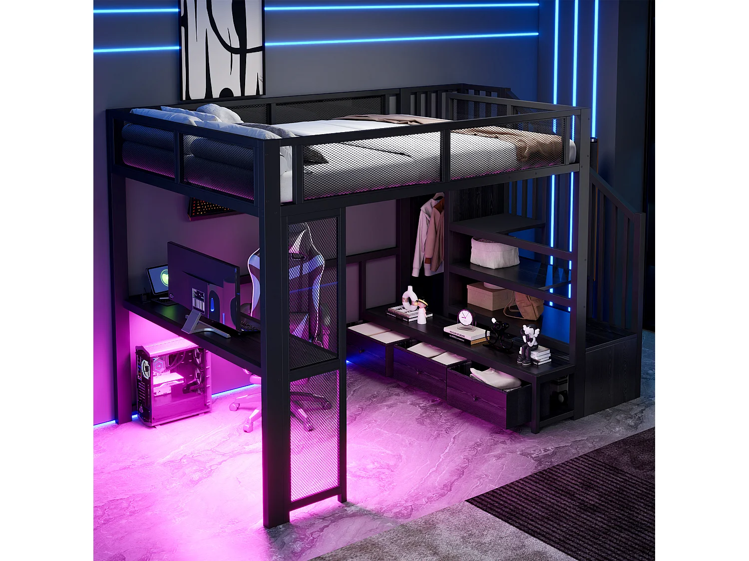 Cama mezzanine de metal 140x200 cm - Escritorio y 3 cajones - Escalera de almacenaje y armario abierto - Puerto USB y LED - Negro (sin colchón)
