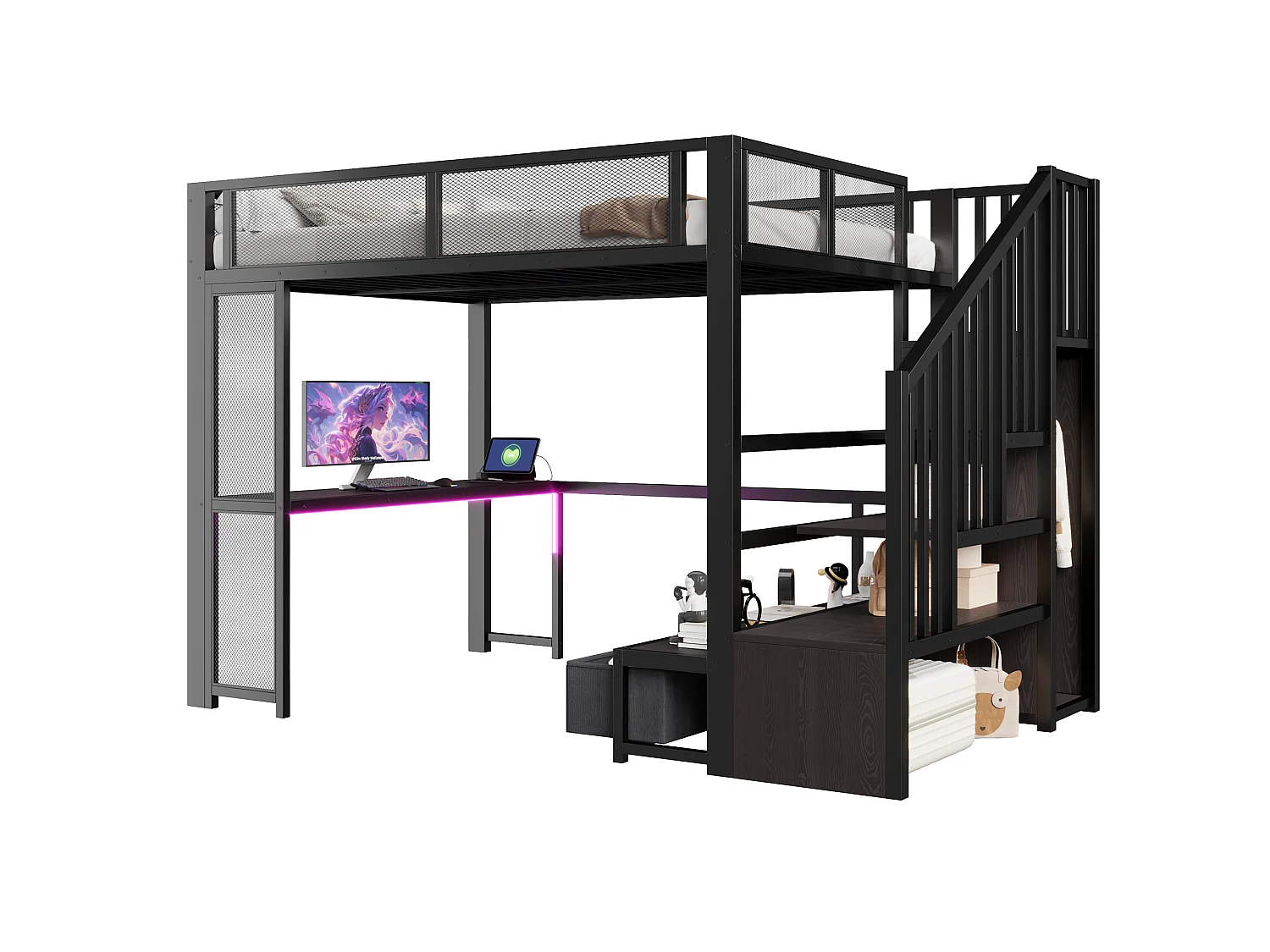 Cama mezzanine de metal 140x200 cm - Escritorio y 3 cajones - Escalera de almacenaje y armario abierto - Puerto USB y LED - Negro (sin colchón)