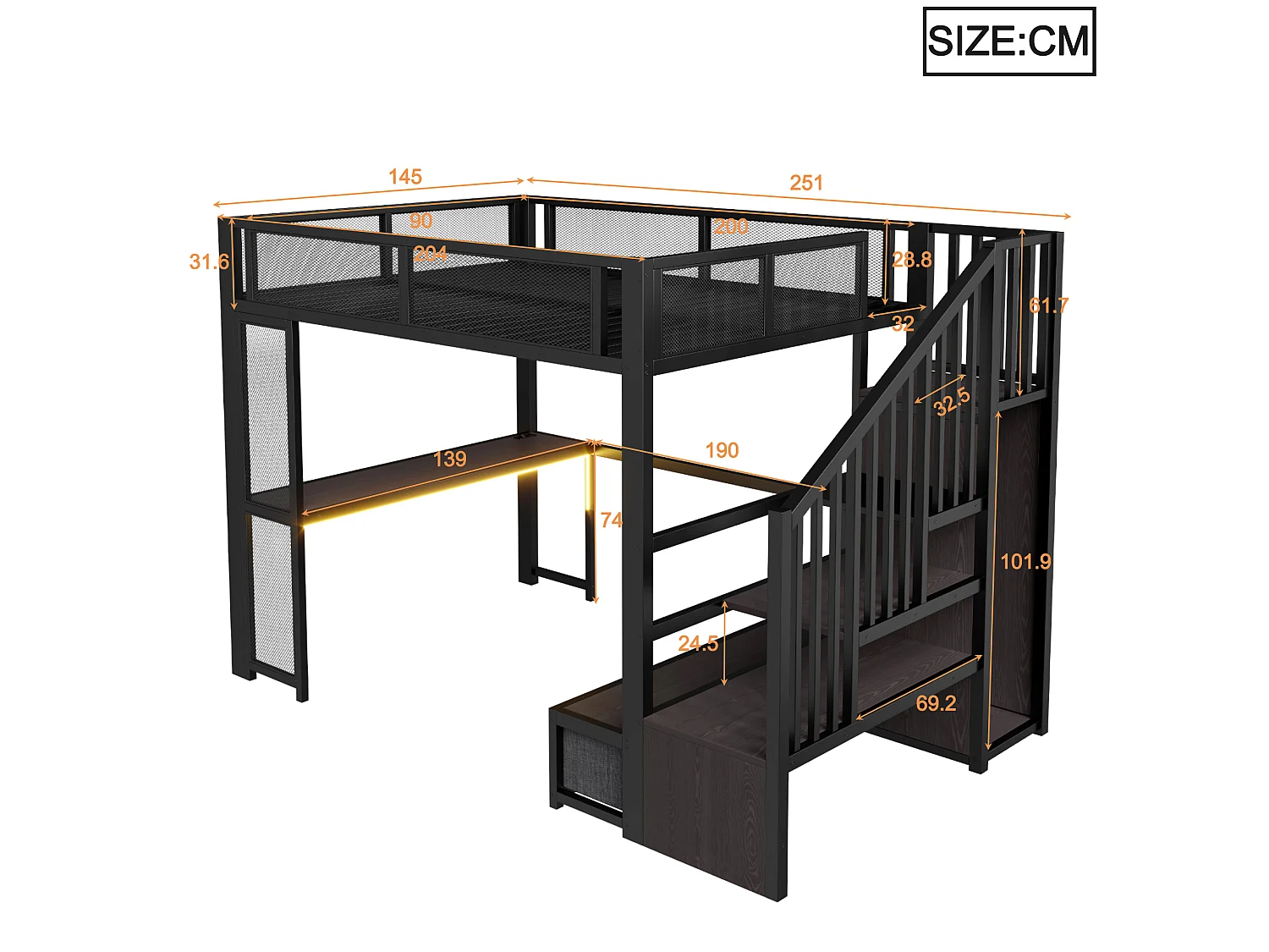 Cama mezzanine de metal 140x200 cm - Escritorio y 3 cajones - Escalera de almacenaje y armario abierto - Puerto USB y LED - Negro (sin colchón)