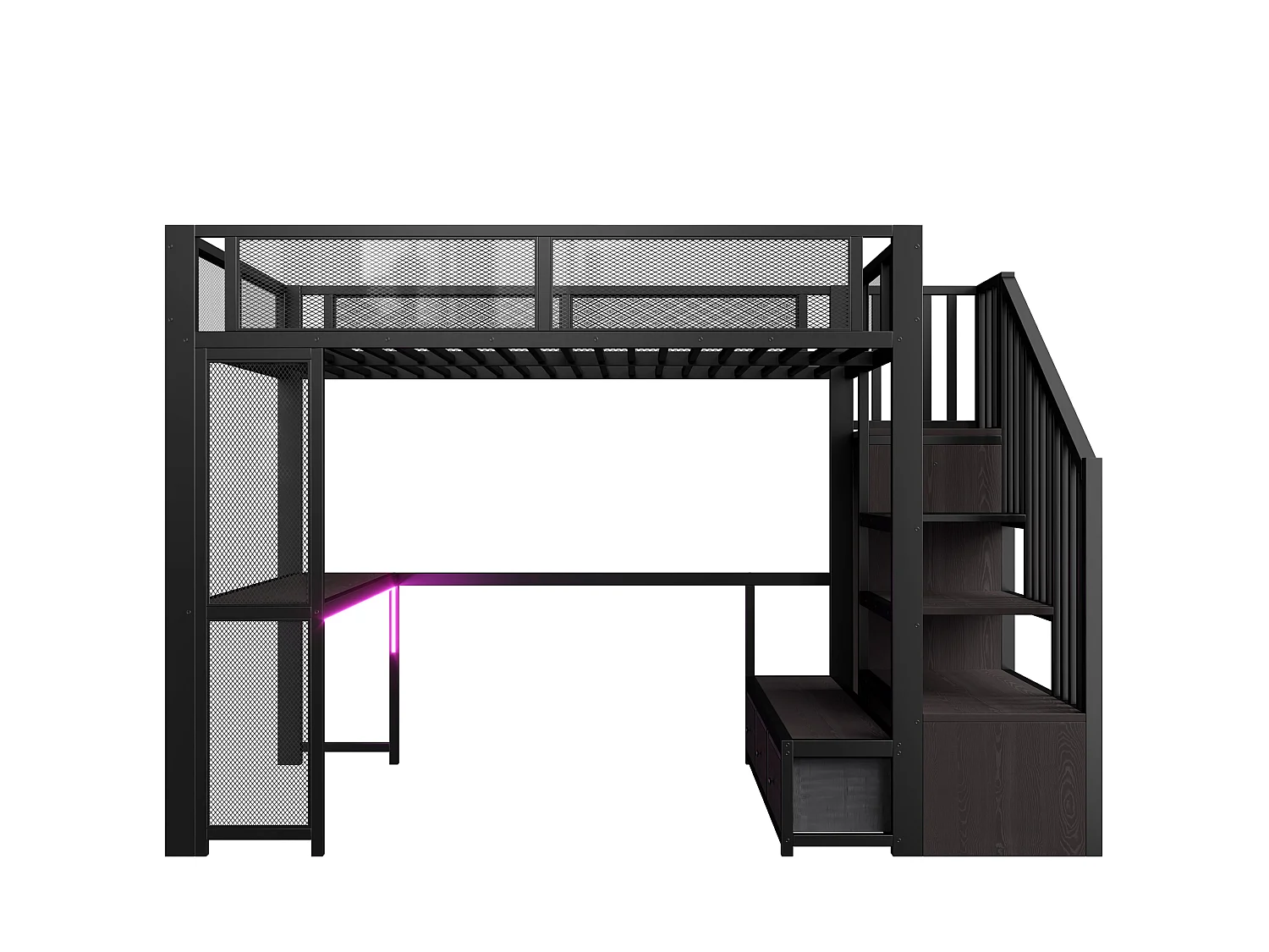 Cama mezzanine de metal 140x200 cm - Escritorio y 3 cajones - Escalera de almacenaje y armario abierto - Puerto USB y LED - Negro (sin colchón)