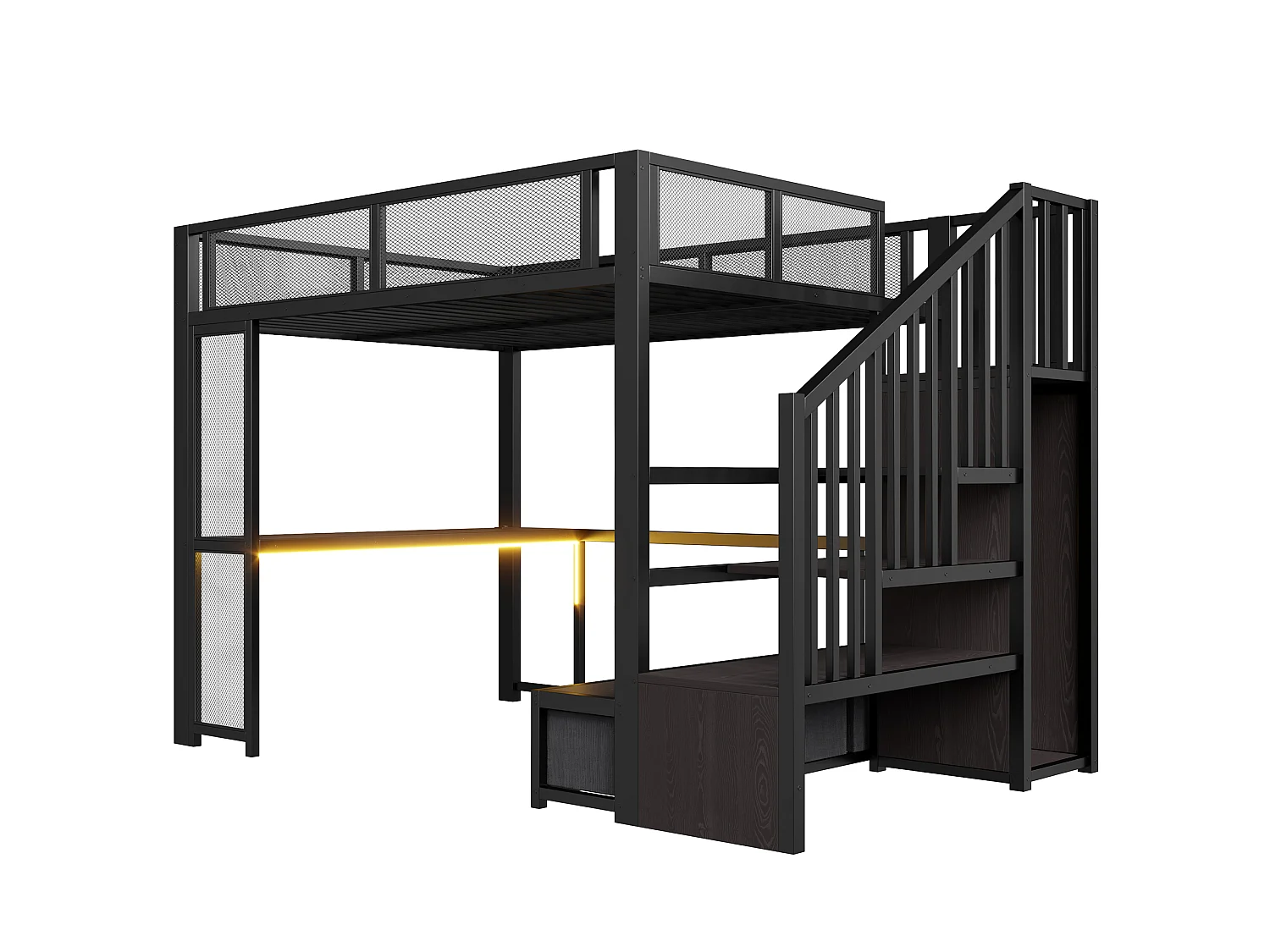 Cama mezzanine de metal 140x200 cm - Escritorio y 3 cajones - Escalera de almacenaje y armario abierto - Puerto USB y LED - Negro (sin colchón)