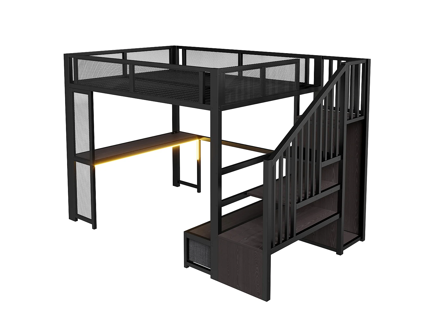 Cama mezzanine de metal 140x200 cm - Escritorio y 3 cajones - Escalera de almacenaje y armario abierto - Puerto USB y LED - Negro (sin colchón)