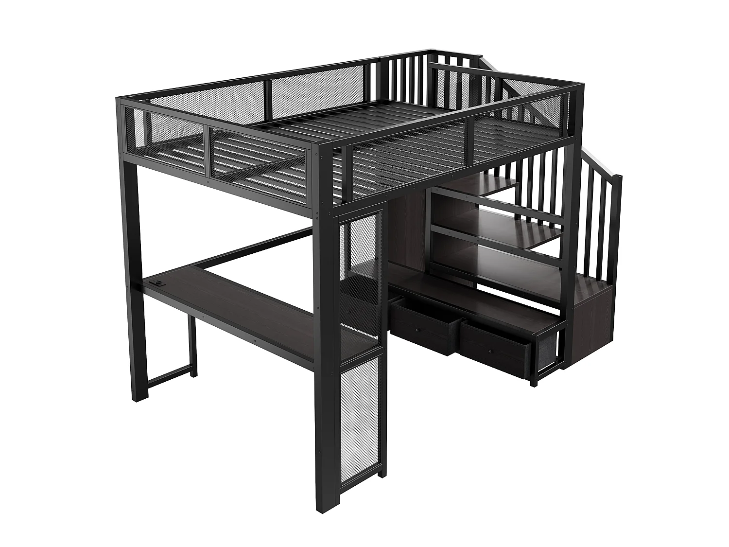 Cama mezzanine de metal 140x200 cm - Escritorio y 3 cajones - Escalera de almacenaje y armario abierto - Puerto USB y LED - Negro (sin colchón)