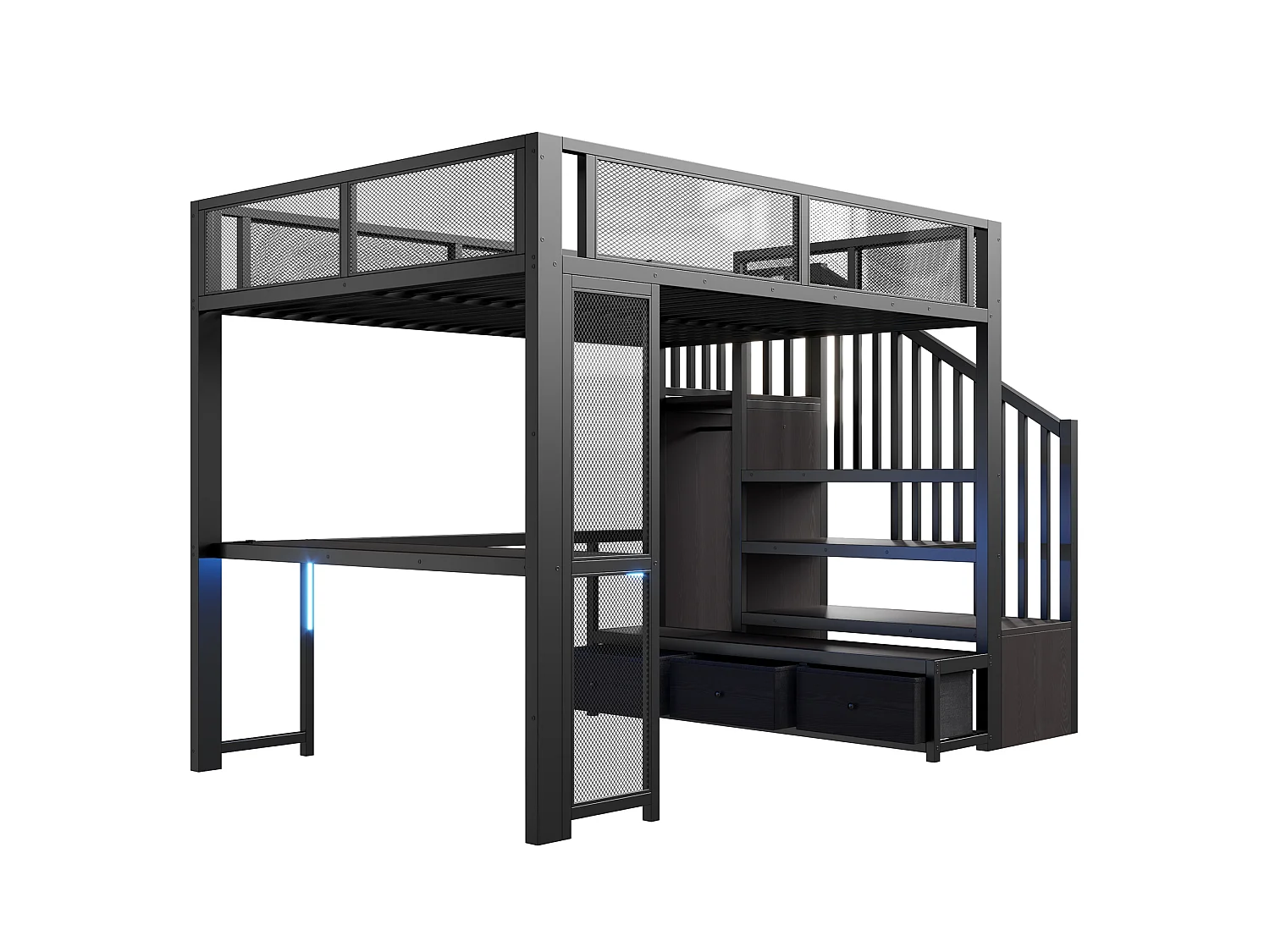 Cama mezzanine de metal 140x200 cm - Escritorio y 3 cajones - Escalera de almacenaje y armario abierto - Puerto USB y LED - Negro (sin colchón)