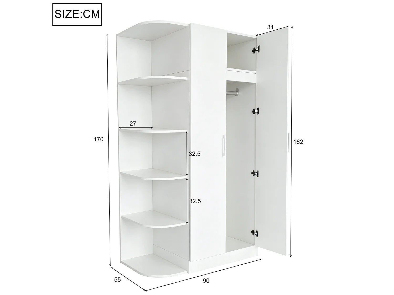 Schrank 90 x 55 x 170 cm - 2 Türen - 1 Schublade - weiß