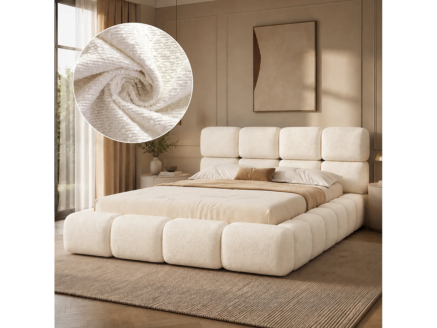 Lit double capitonné 160 x 200 cm - Lit Nuage - Sommier à lattes et tête de lit capitonnée - Tissu bouclé - Blanc (Matelas non inclus)