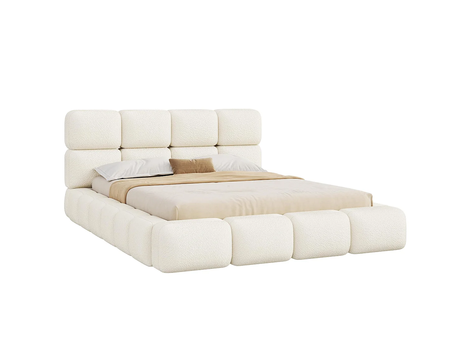 Lit double capitonné 160 x 200 cm - Lit Nuage - Sommier à lattes et tête de lit capitonnée - Tissu bouclé - Blanc (Matelas non inclus)