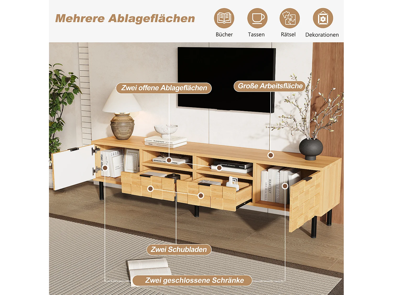 TV-Möbel mit 2 Türen, 2 Schubladen, 2 Ablagen und 3D-Gitterdesign – Spanplatte/MDF – 200 x 35 x 44,5 cm – Naturholz