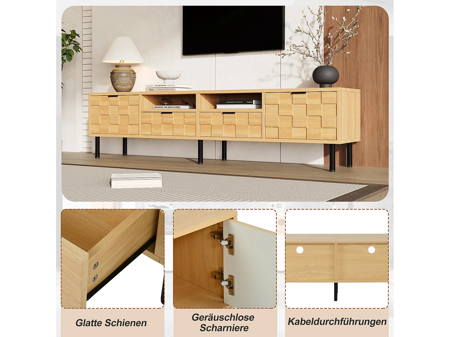 TV-Möbel mit 2 Türen, 2 Schubladen, 2 Ablagen und 3D-Gitterdesign – Spanplatte/MDF – 200 x 35 x 44,5 cm – Naturholz