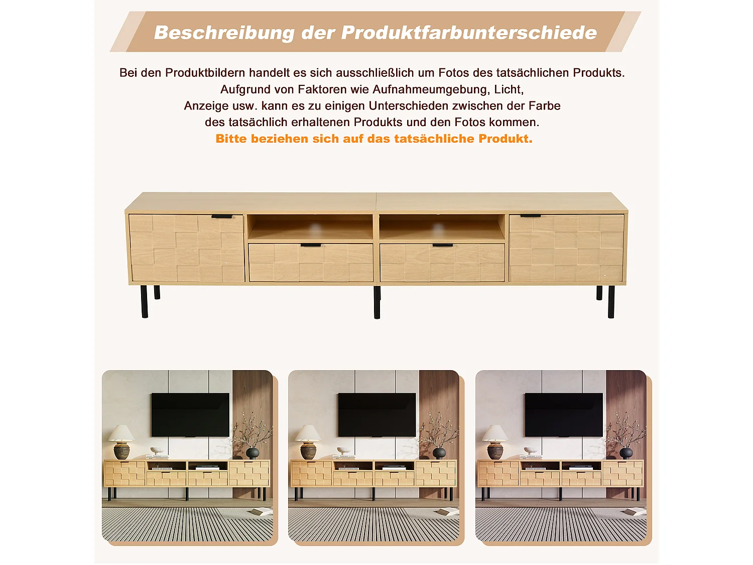 TV-Möbel mit 2 Türen, 2 Schubladen, 2 Ablagen und 3D-Gitterdesign – Spanplatte/MDF – 200 x 35 x 44,5 cm – Naturholz