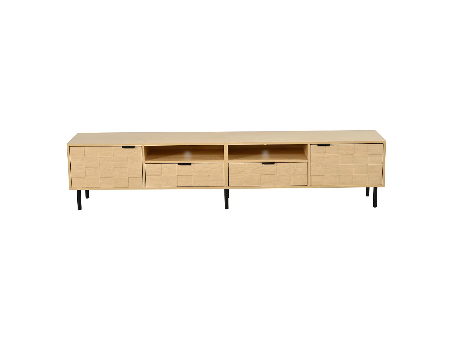 TV-Möbel mit 2 Türen, 2 Schubladen, 2 Ablagen und 3D-Gitterdesign – Spanplatte/MDF – 200 x 35 x 44,5 cm – Naturholz