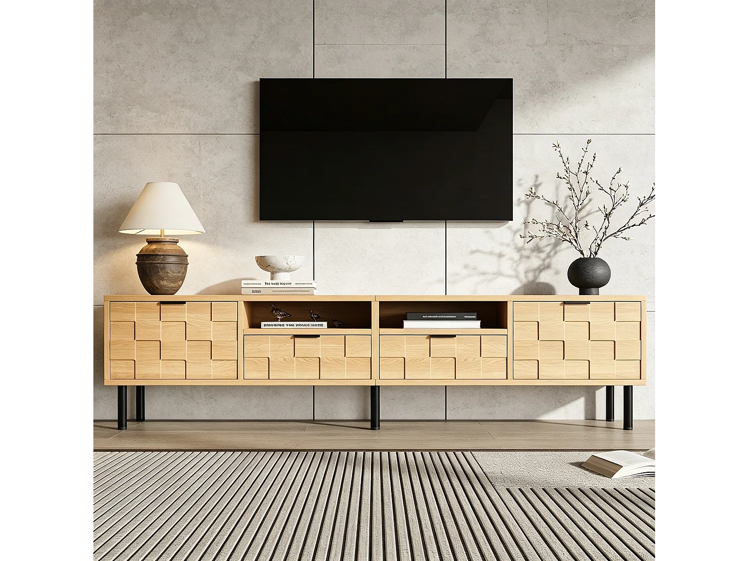 TV-Möbel mit 2 Türen, 2 Schubladen, 2 Ablagen und 3D-Gitterdesign – Spanplatte/MDF – 200 x 35 x 44,5 cm – Naturholz
