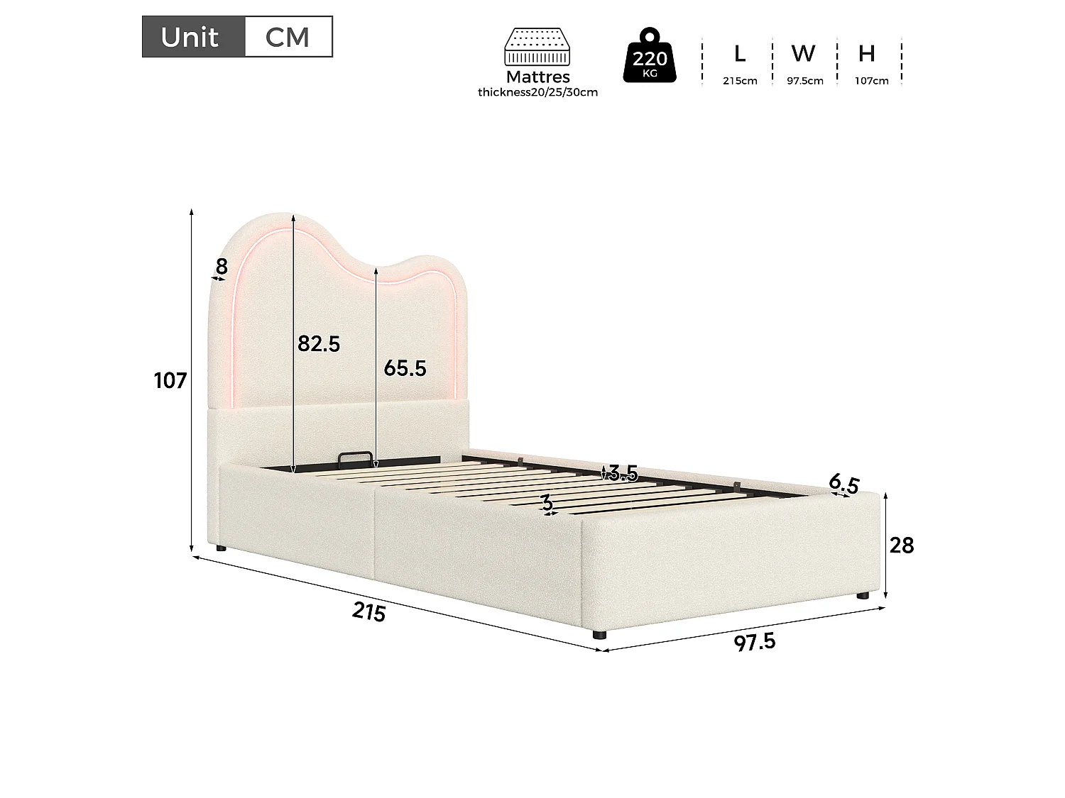 Children's upholstered storage bed 90x200 cm - With slatted base and headboard - Large storage - Bouclé fabric - White (without mattress)