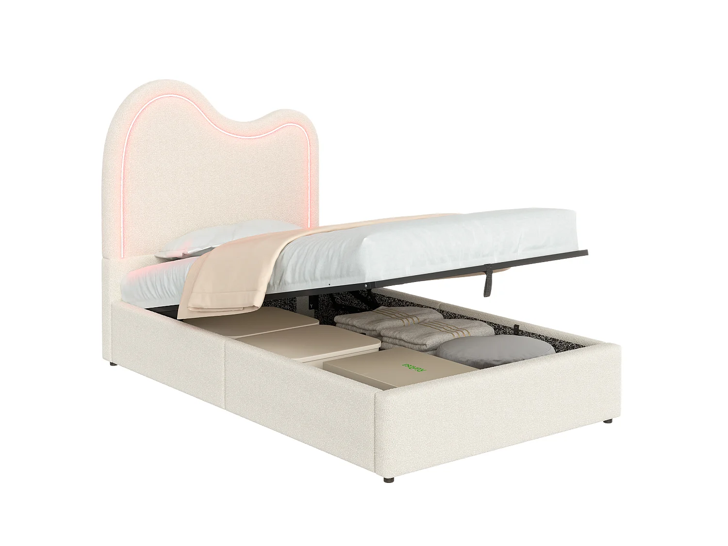 Children's upholstered storage bed 90x200 cm - With slatted base and headboard - Large storage - Bouclé fabric - White (without mattress)