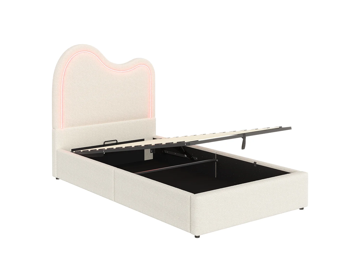 Children's upholstered storage bed 90x200 cm - With slatted base and headboard - Large storage - Bouclé fabric - White (without mattress)